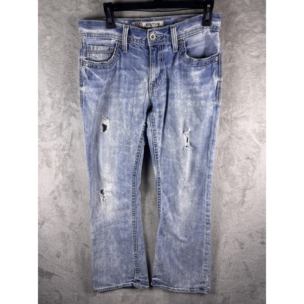 BKE Fulton Jeans Mens 30x30 Blue Light Wash Relaxed Straight Distressed Denim